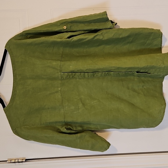 Ellen Tracy womens Large Green Flax Top Blouse 100% Linen Rolled Tab Sleeve - Picture 6 of 6